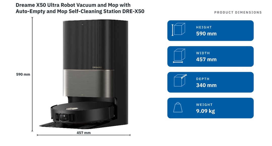 Dreame X50 Ultra Robot Vacuum and Mop with Auto-Empty and Mop Self-Cleaning Station DRE-X50U — product dimensions