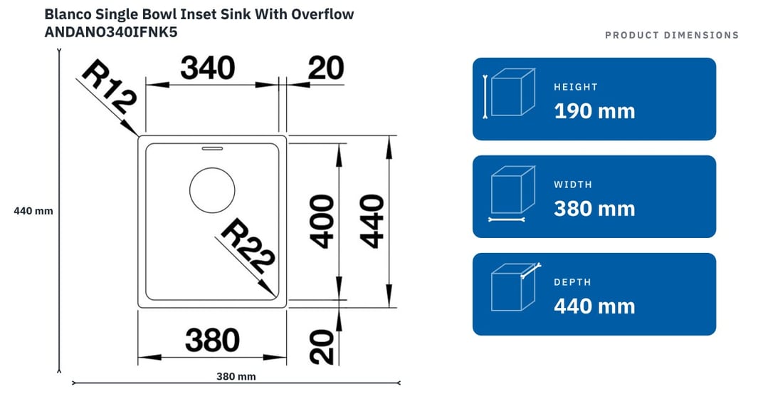 Blanco Single Bowl Inset Sink With Overflow ANDANO340IFNK5 — product dimensions