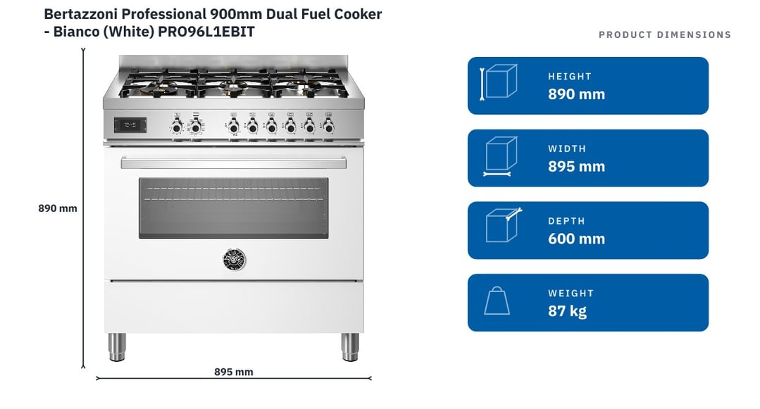 Bertazzoni Professional 900mm Dual Fuel Cooker - Bianco (White) PRO96L1EBIT — product dimensions