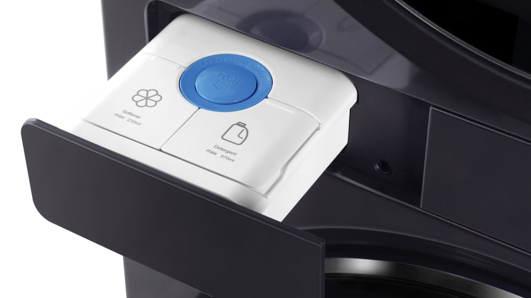 Close up of the detergent and softener dispenser of a laundry centre