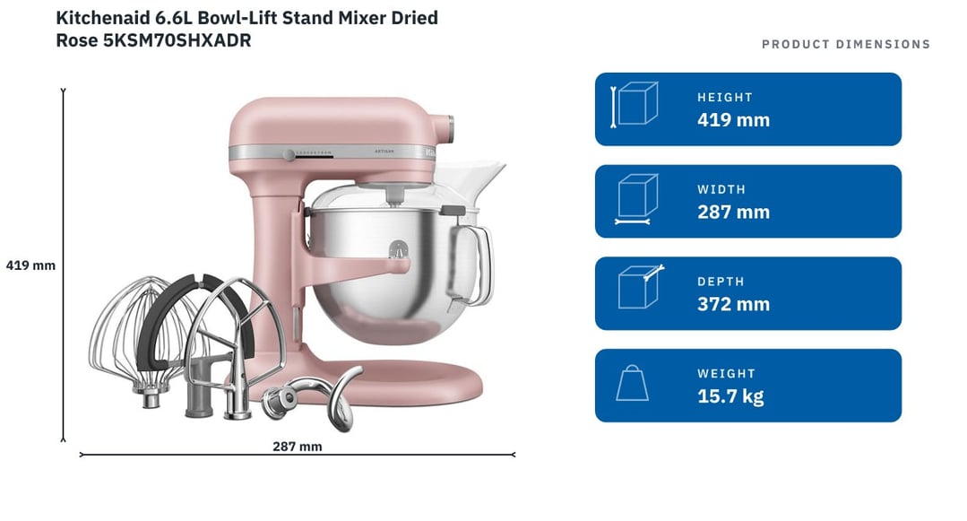 Kitchenaid 6.6L Bowl-Lift Stand Mixer Dried Rose 5KSM70SHXADR — product dimensions
