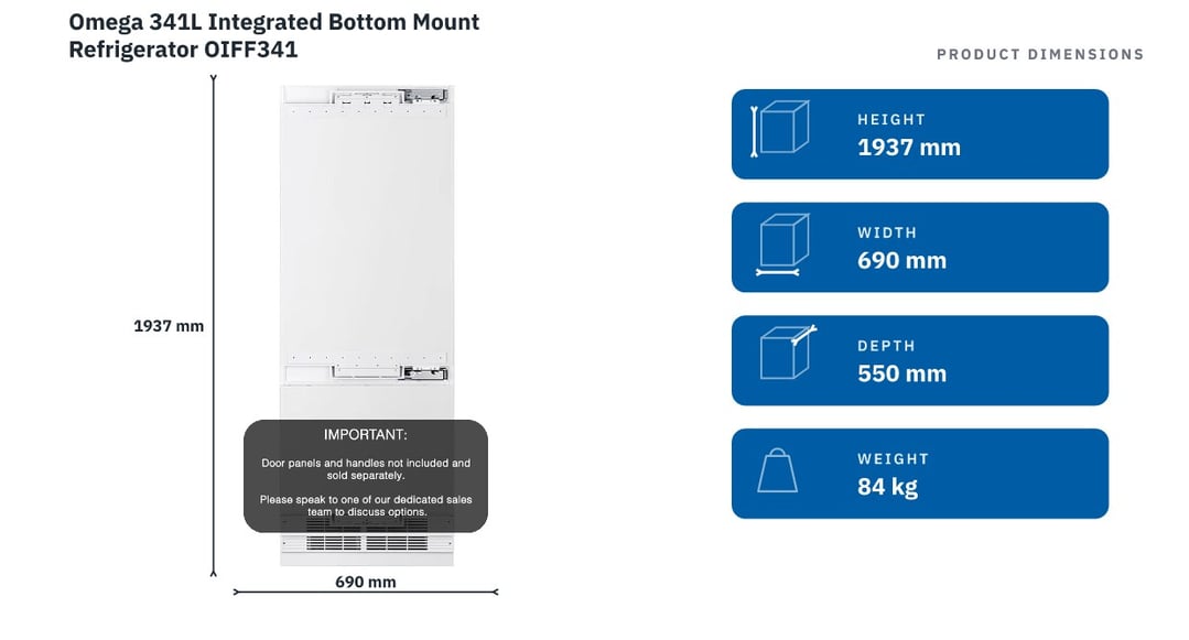 Omega 341L Integrated Bottom Mount Refrigerator OIFF341 — product dimensions