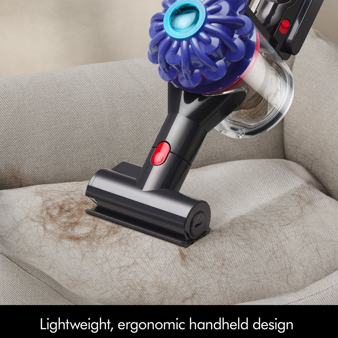 Dyson V10 Konical Cordless Vacuum cleaning pet hair from a sofa