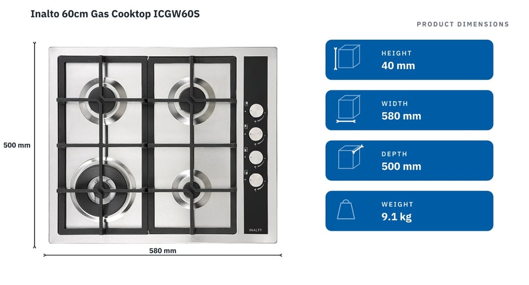Inalto 60cm Gas Cooktop ICGW60S — product dimensions