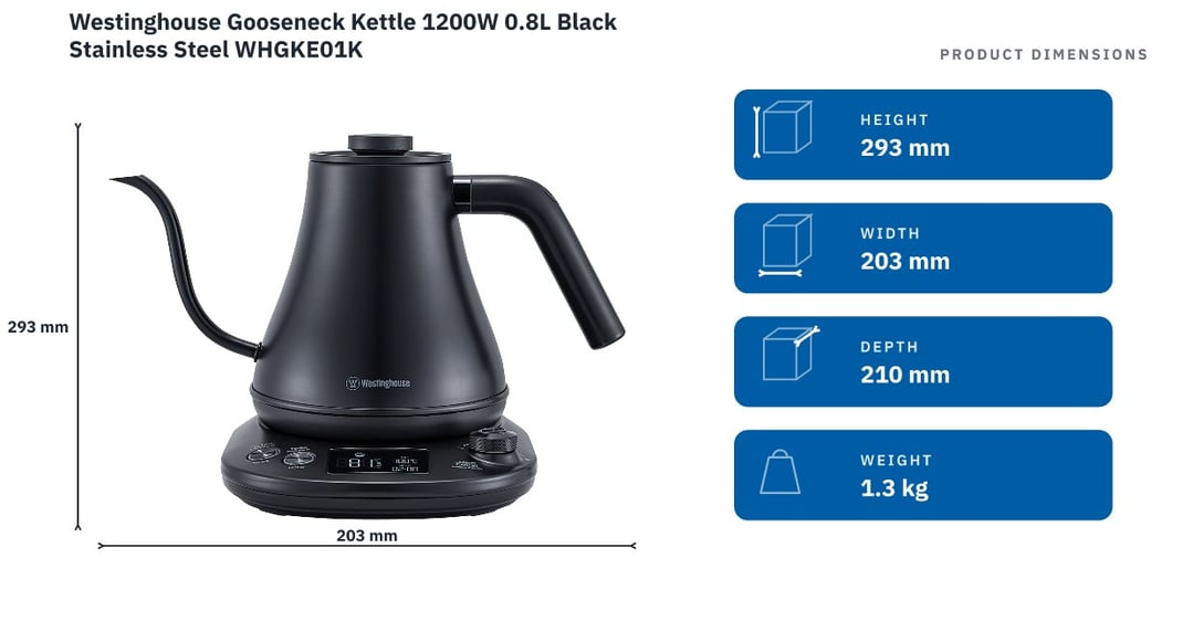 Westinghouse Gooseneck Kettle 1200W 0.8L Black Stainless Steel WHGKE01K — product dimensions