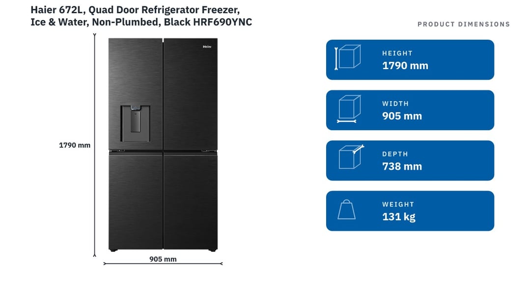 Haier 672L, Quad Door Refrigerator Freezer, Ice & Water, Non-Plumbed, Black HRF690YNC — product dimensions