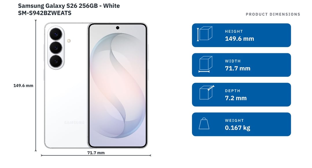 Samsung Galaxy S26 256GB - White SM-S942BZWEATS — product dimensions