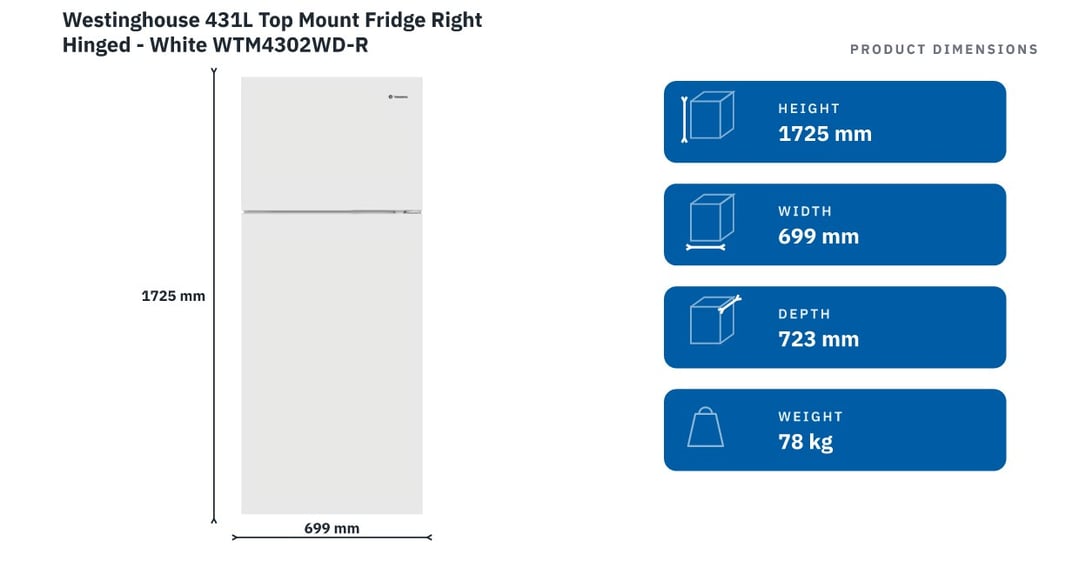 Westinghouse 431L Top Mount Fridge Right Hinged - White WTM4302WD-R
