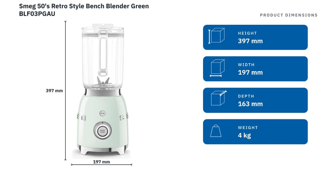 Smeg 50's Retro Style Bench Blender Green BLF03PGAU — product dimensions