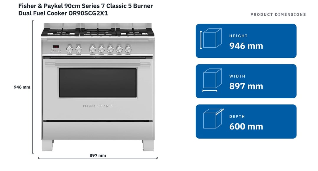 Fisher & Paykel 90cm Series 7 Classic 5 Burner Dual Fuel Cooker OR90SCG2X1 — product dimensions