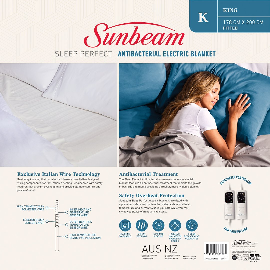 Sunbeam Sleep Perfect Antibacterial Electric Blanket King BLA6371