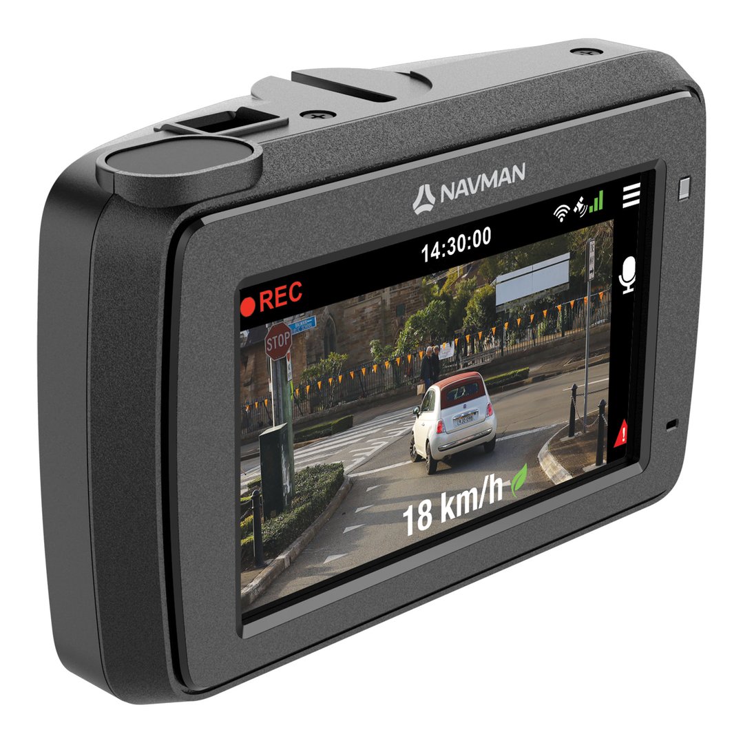 Navman dash cam displaying a street scene with a white car driving