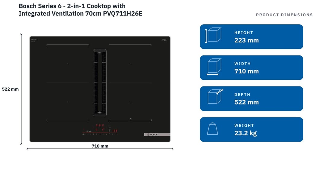 Bosch Series 6 - 2-in-1 Cooktop with Integrated Ventilation 70cm PVQ711H26E — product dimensions