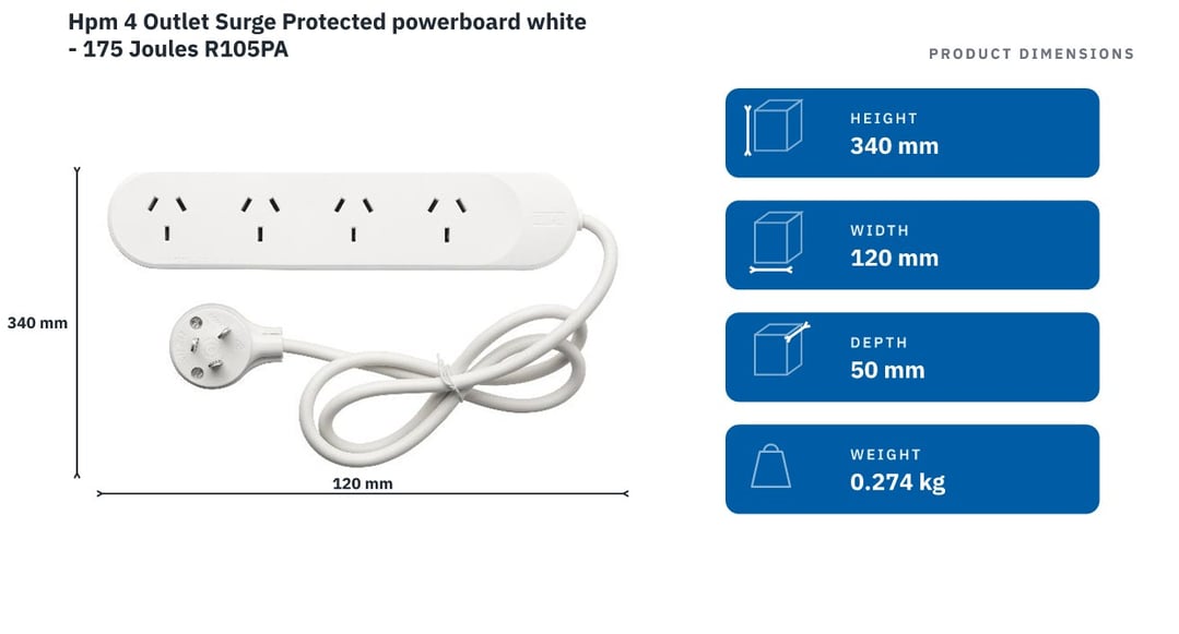 Hpm 4 Outlet Surge Protected powerboard white - 175 Joules R105PA