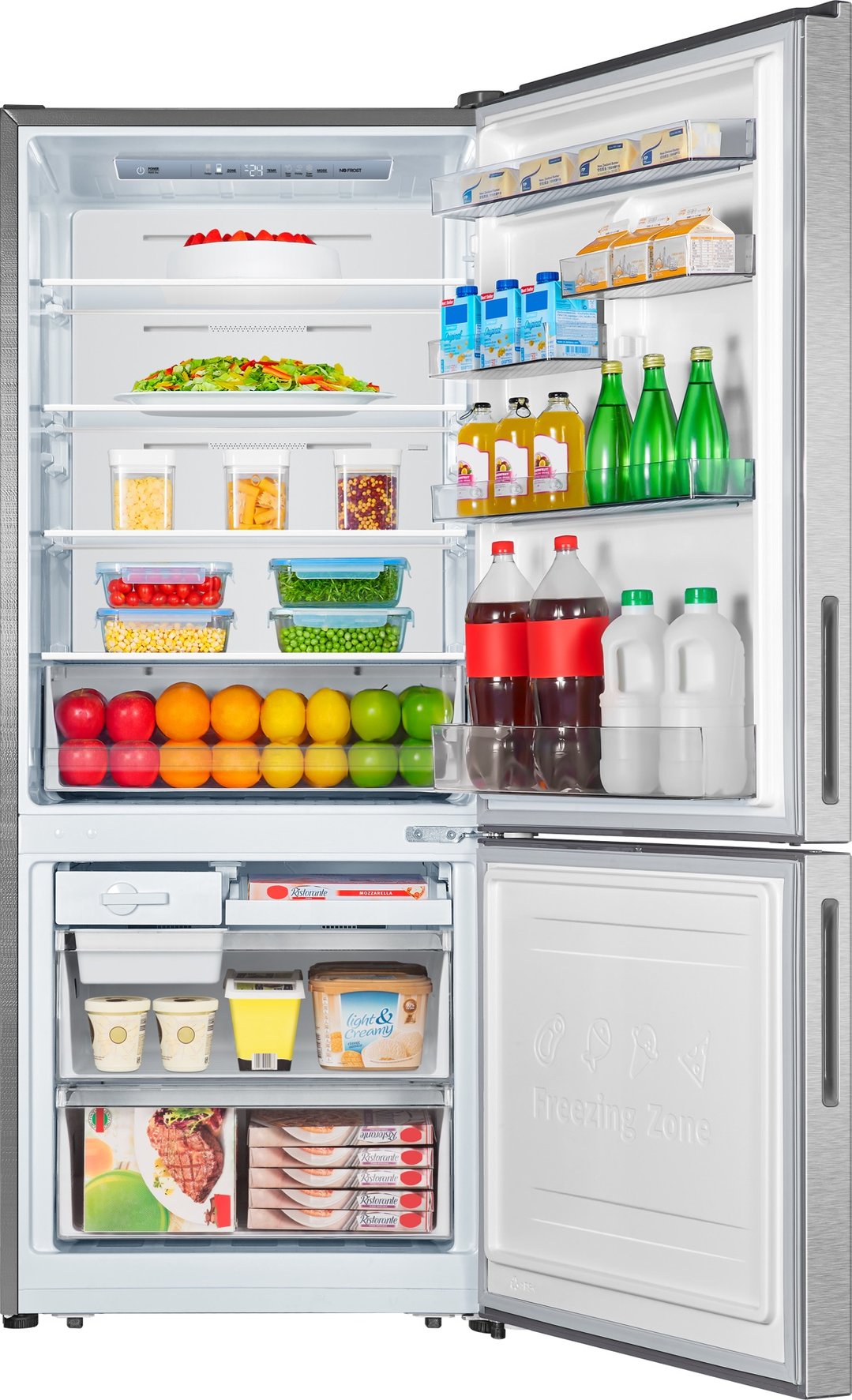 Open bottom mount fridge with food and drinks on shelves