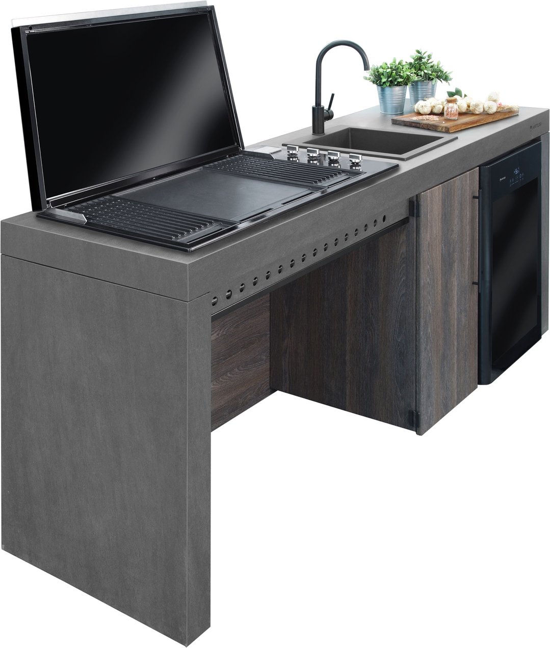Built-in BBQ with sink and tap, set in an outdoor kitchen counter