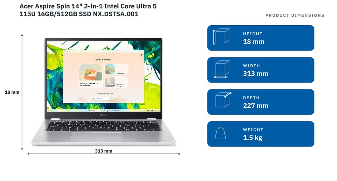 Acer Aspire Spin 14" 2-in-1 Intel Core Ultra 5 115U 16GB/512GB SSD NX.DSTSA.001 — product dimensions