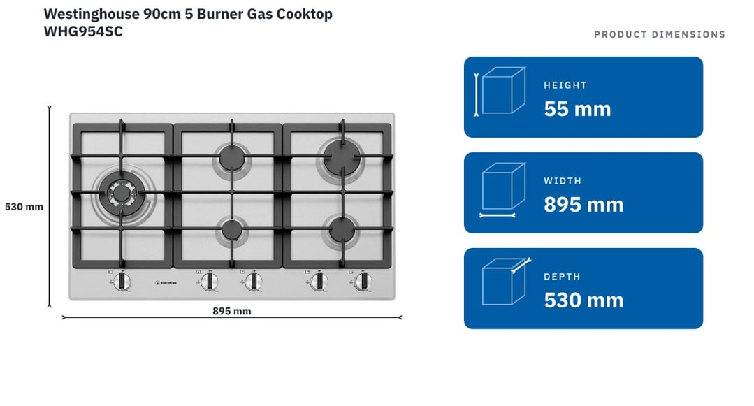 Westinghouse 90cm 5 Burner Gas Cooktop WHG954SC — product dimensions