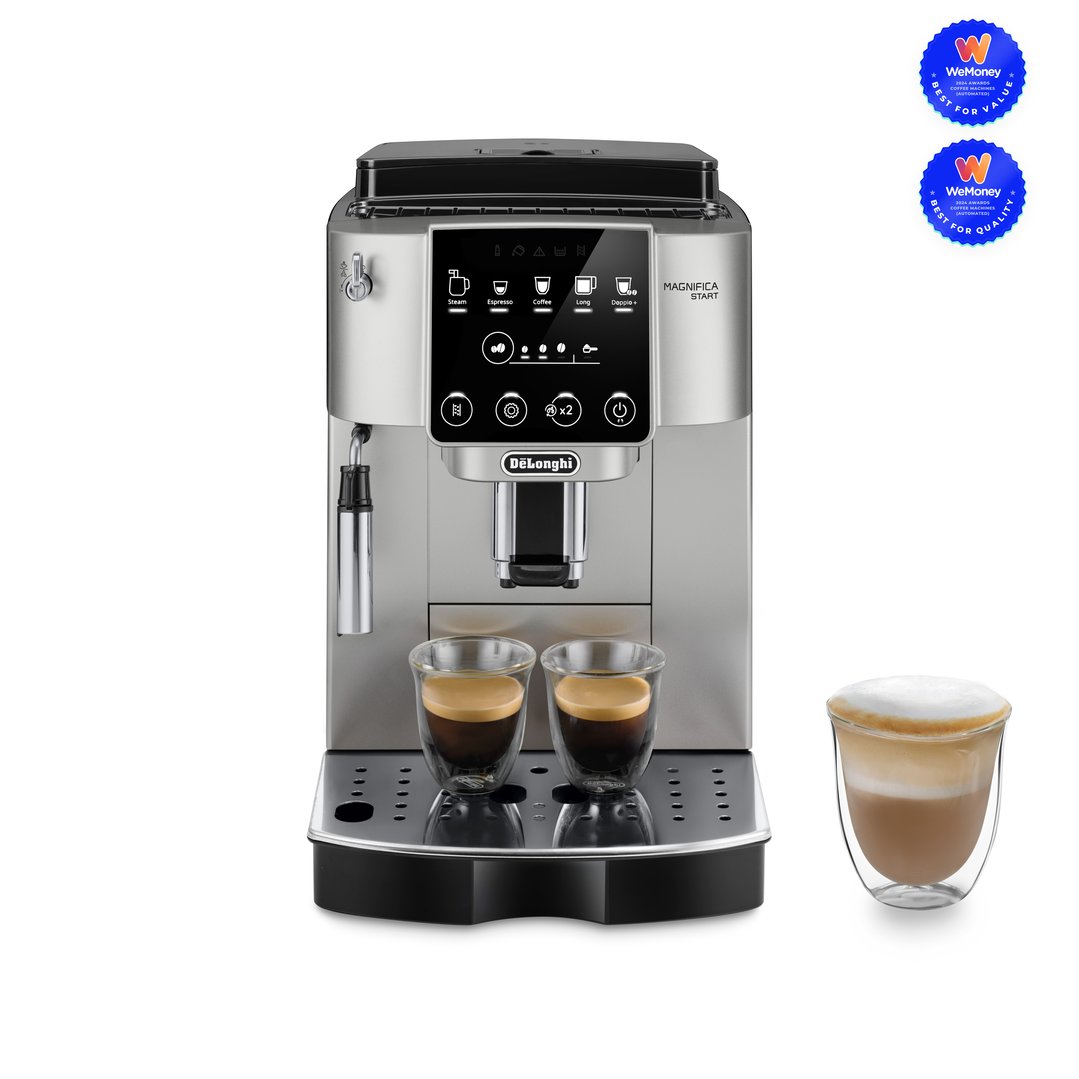 DELONGHI Magnifica Start coffee machine with two espresso cups and a latte