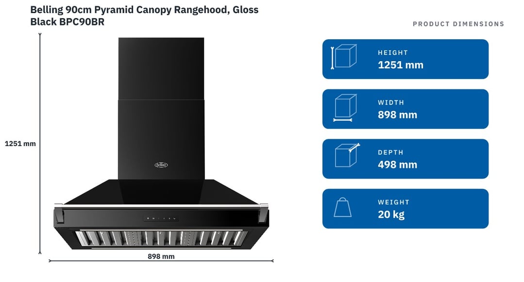 Belling 90cm Pyramid Canopy Rangehood, Gloss Black BPC90BR — product dimensions