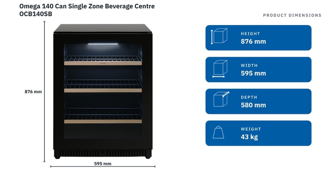 Omega 140 Can Single Zone Beverage Centre OCB140SB — product dimensions