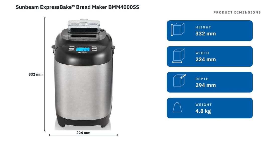 Sunbeam ExpressBake™ Bread Maker BMM4000SS — product dimensions