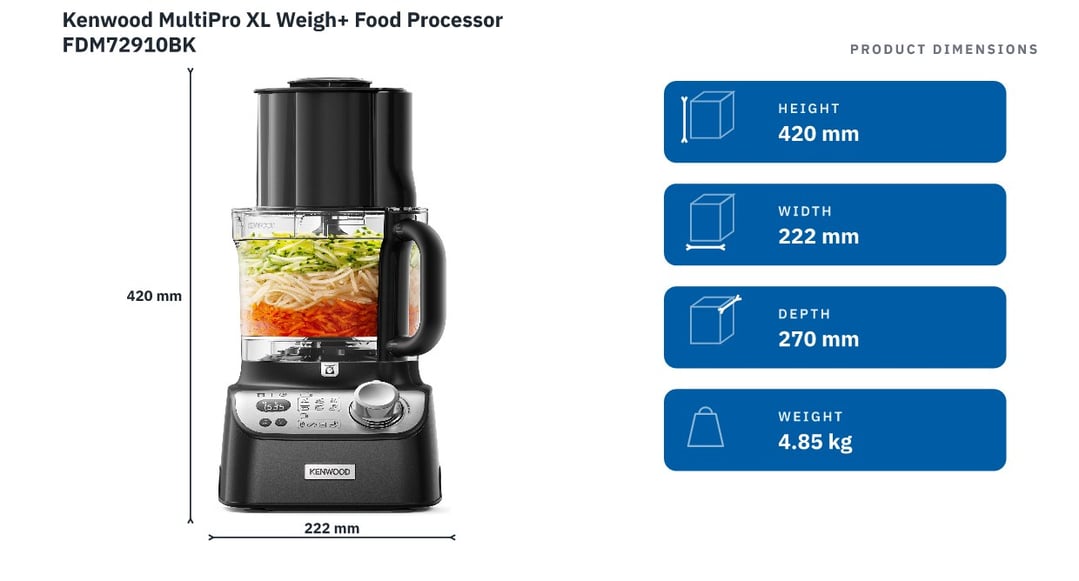 Kenwood MultiPro XL Weigh+ Food Processor FDM72910BK — product dimensions