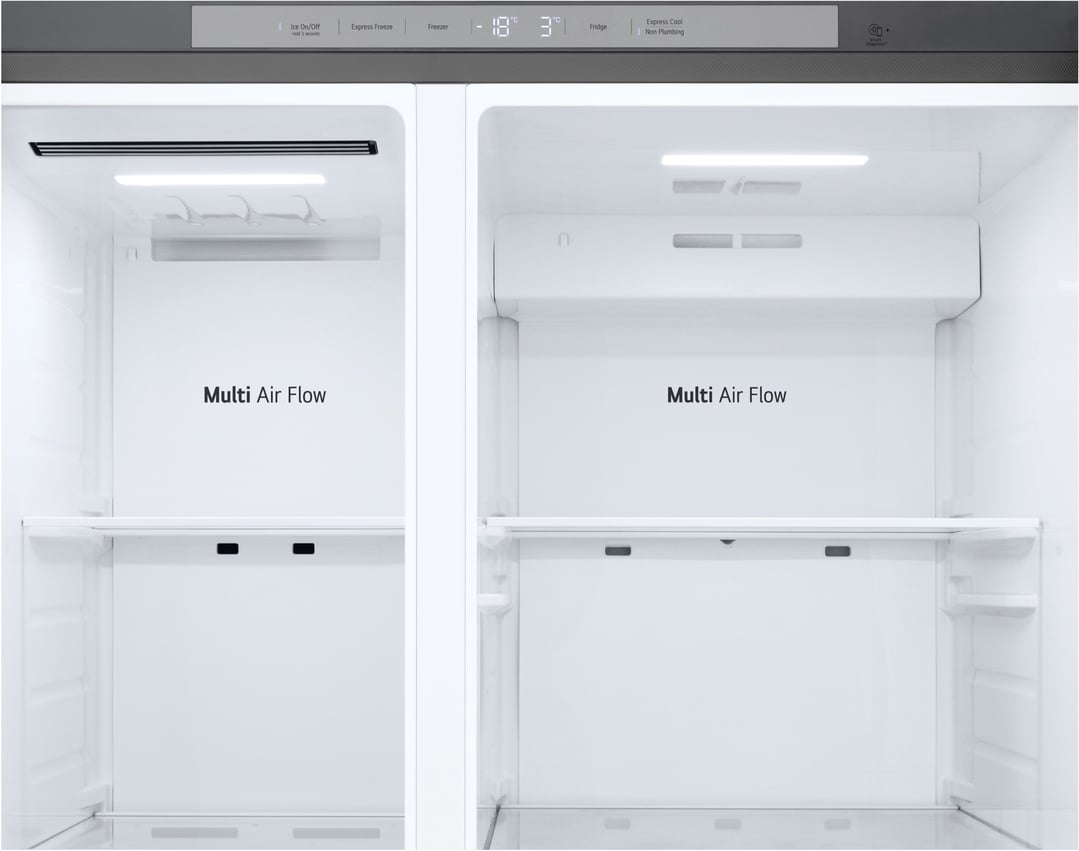 Interior view of a side-by-side fridge with Multi Air Flow feature visible