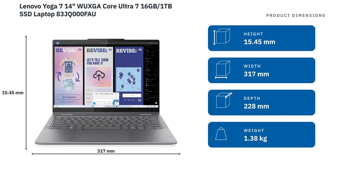 Lenovo Yoga 7 14" WUXGA Core Ultra 7 16GB/1TB SSD Laptop 83JQ000FAU — product dimensions