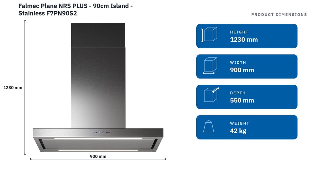 Falmec Plane NRS PLUS - 90cm Island - Stainless F7PN90S2 — product dimensions