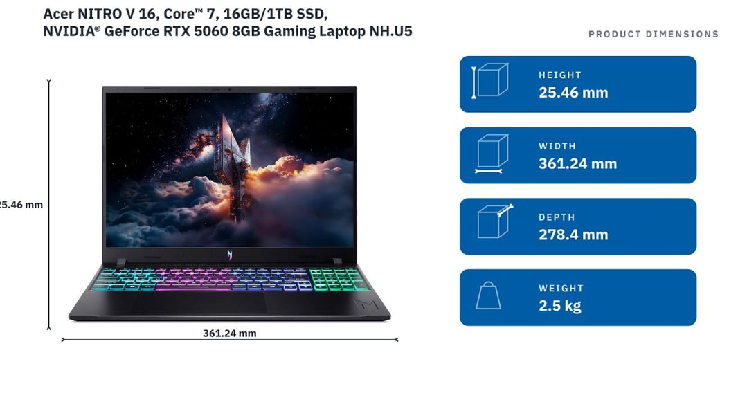 Acer NITRO V 16, Core™ 7, 16GB/1TB SSD, NVIDIA® GeForce RTX 5060 8GB Gaming Laptop NH.U59SA.005 — product dimensions