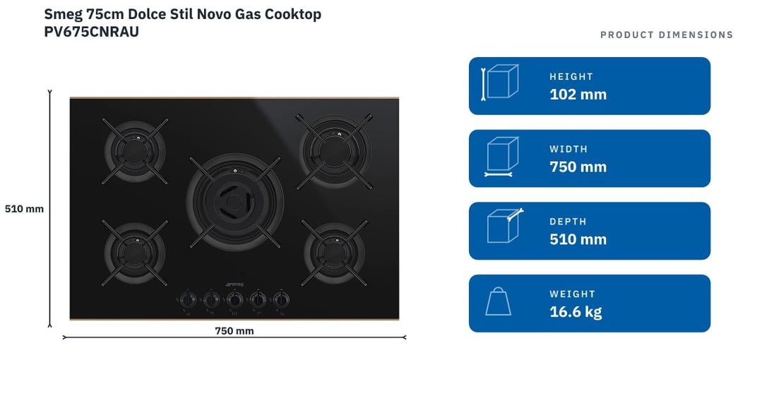 Smeg 75cm Dolce Stil Novo Gas Cooktop PV675CNRAU — product dimensions