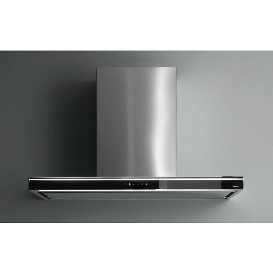 Stainless steel wall canopy rangehood mounted on a dark grey wall