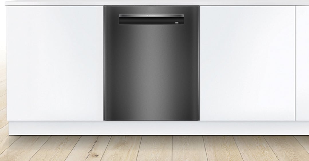 Black inox built-under dishwasher integrated into white kitchen cabinetry