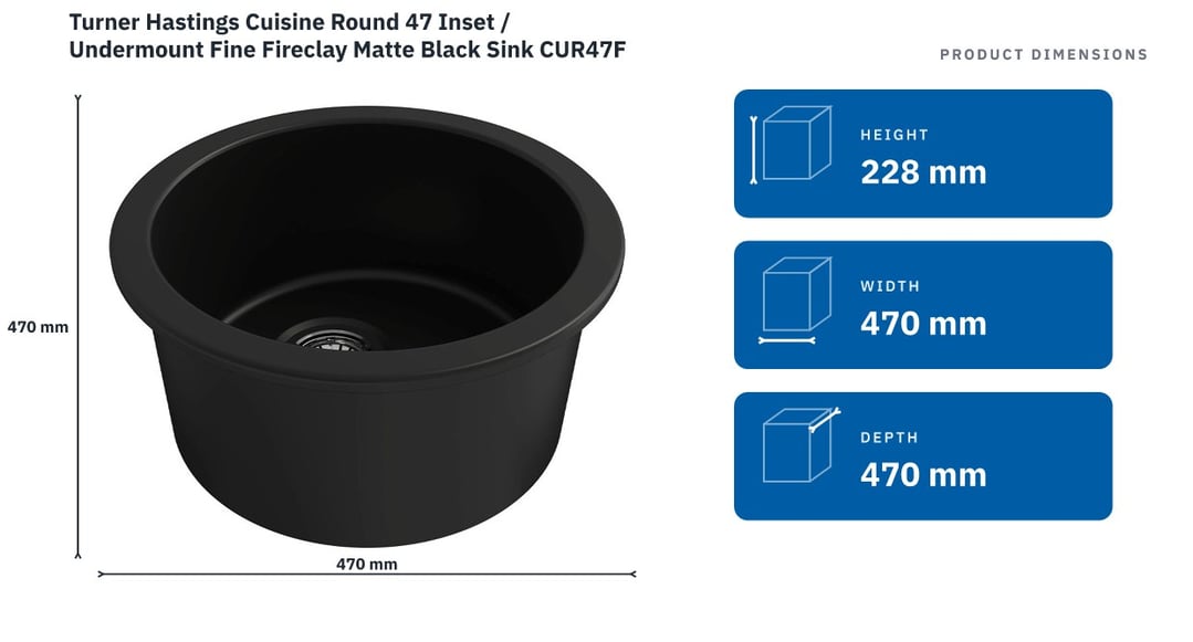 Turner Hastings Cuisine Round 47 Inset / Undermount Fine Fireclay Matte Black Sink CUR47FS-MB — product dimensions