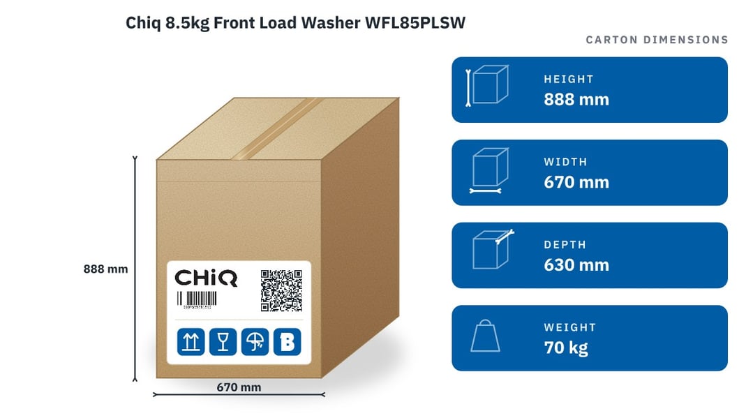 Chiq 8.5kg Front Load Washer WFL85PLSW — packaged dimensions