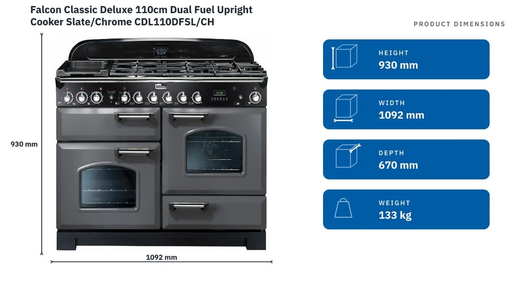 Falcon Classic Deluxe 110cm Dual Fuel Upright Cooker Slate/Chrome CDL110DFSL/CH — product dimensions