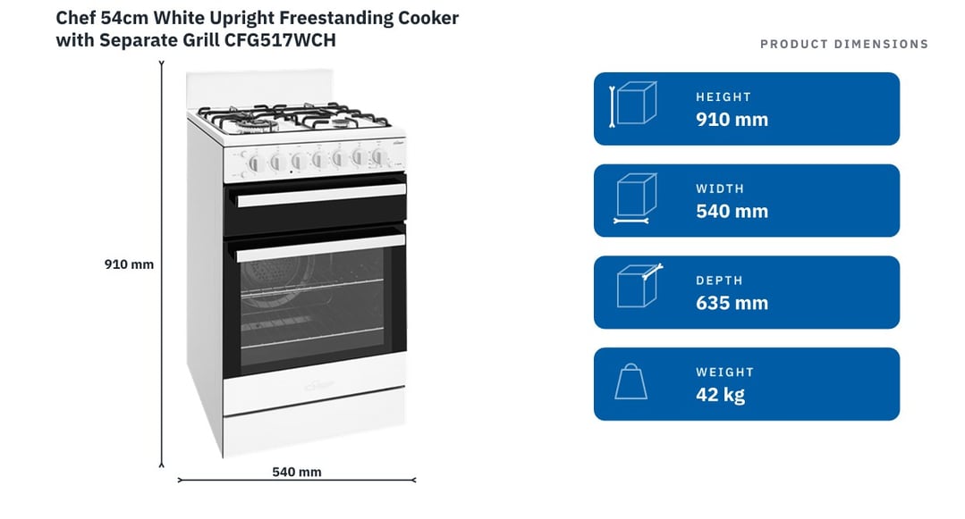 Chef 54cm White Upright Freestanding Cooker with Separate Grill CFG517WCH — product dimensions