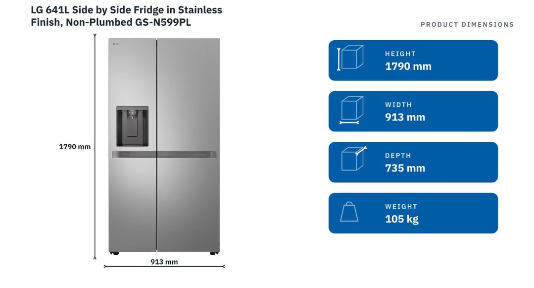 LG 641L Side by Side Fridge in Stainless Finish, Non-Plumbed GS-N599PL — product dimensions