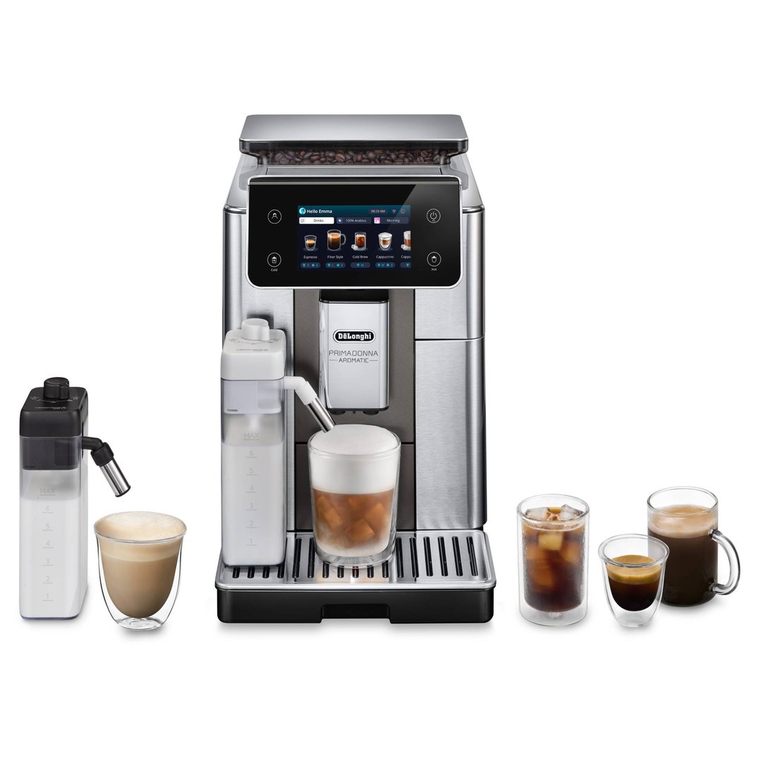 DeLonghi Prima Donna Aromatic coffee machine with various coffee drinks and milk frother
