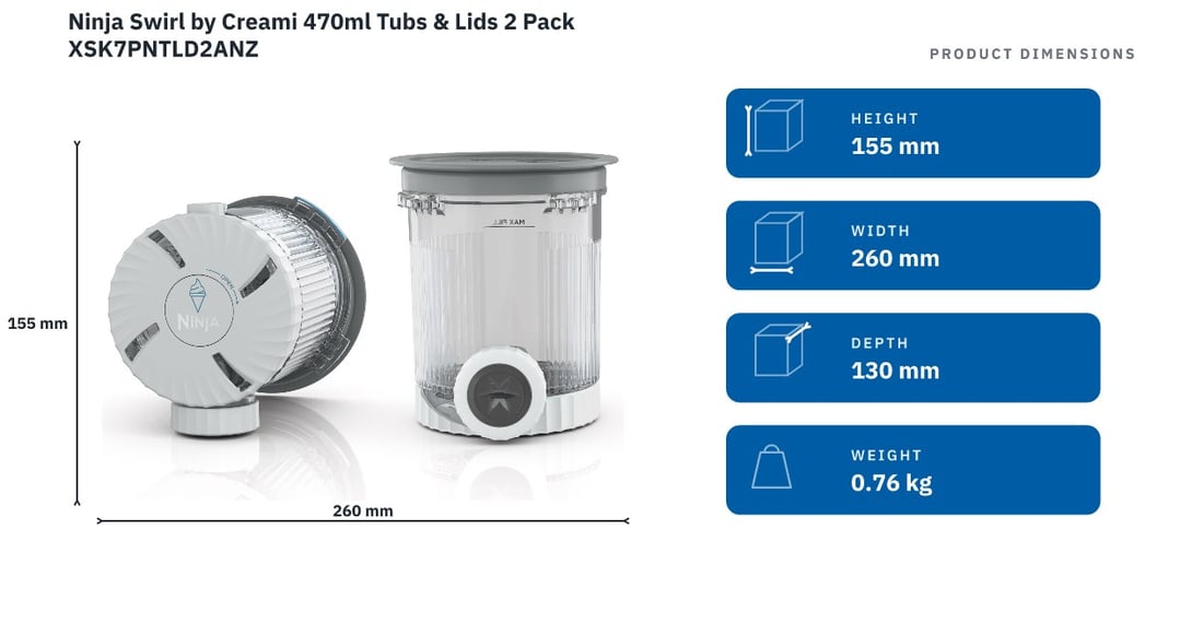 Ninja Swirl by Creami 470ml Tubs & Lids 2 Pack XSK7PNTLD2ANZ — product dimensions