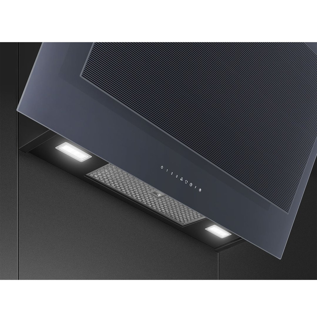 Close-up of a dark grey rangehood with lights on in a modern kitchen