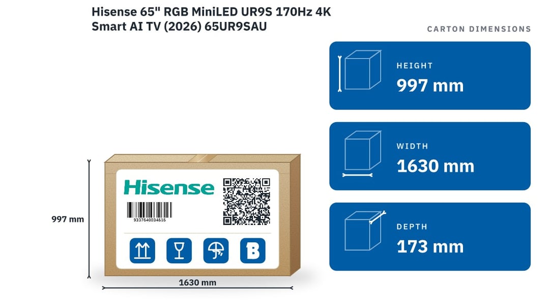 Hisense 65" RGB MiniLED UR9S 170Hz 4K Smart AI TV (2026) 65UR9SAU — packaged dimensions