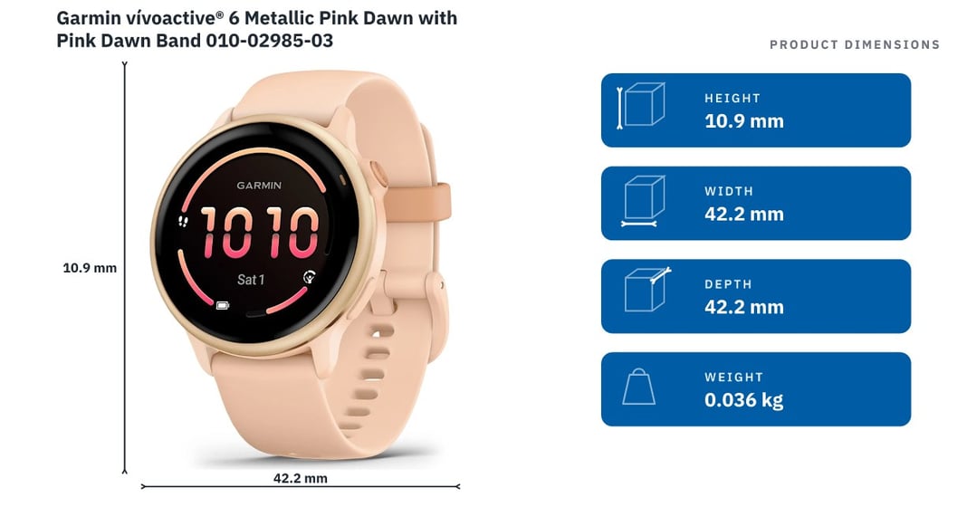 Garmin vívoactive® 6 Metallic Pink Dawn with Pink Dawn Band 010-02985-03 — product dimensions