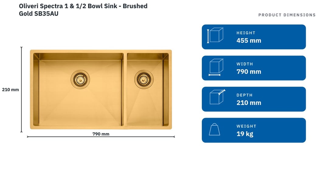 Oliveri Spectra 1 & 1/2 Bowl Sink - Brushed Gold SB35AU — product dimensions