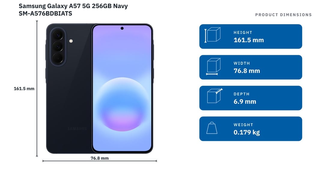 Samsung Galaxy A57 5G 256GB Navy SM-A576BDBIATS — product dimensions