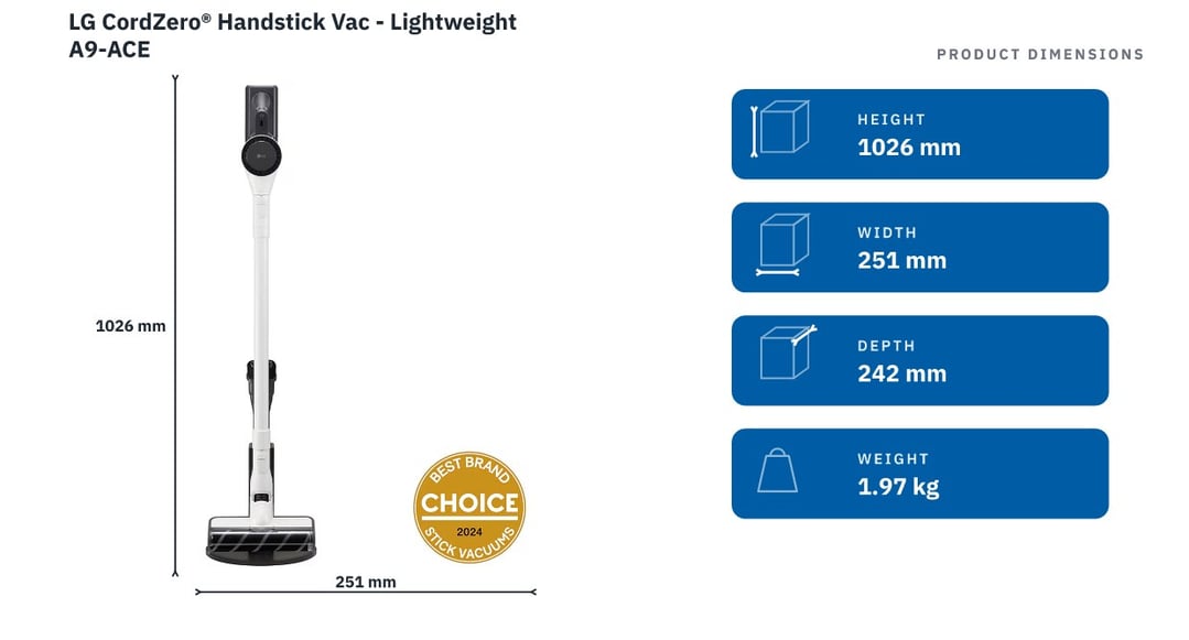 LG CordZero® Handstick Vac - Lightweight A9-ACE — product dimensions