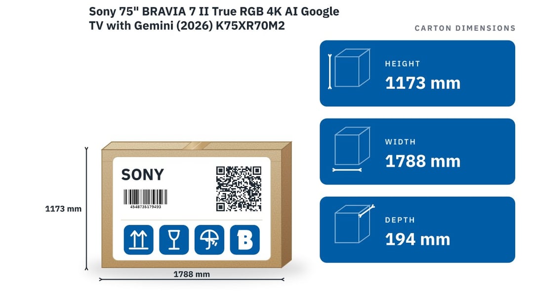 Sony 75" BRAVIA 7 II True RGB 4K AI Google TV with Gemini (2026) K75XR70M2 — packaged dimensions