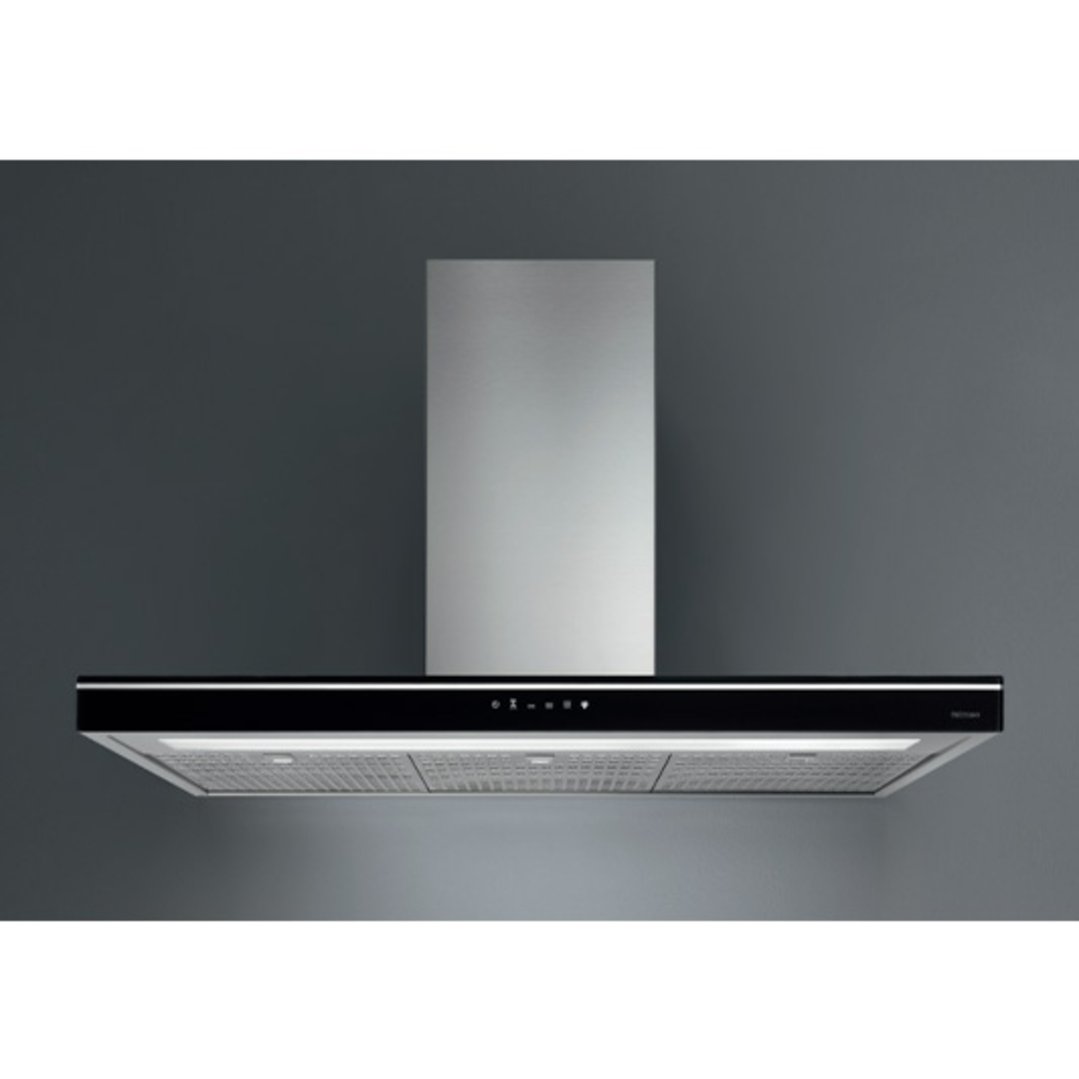 Wall-mounted rangehood with black panel and stainless steel flue against a dark wall