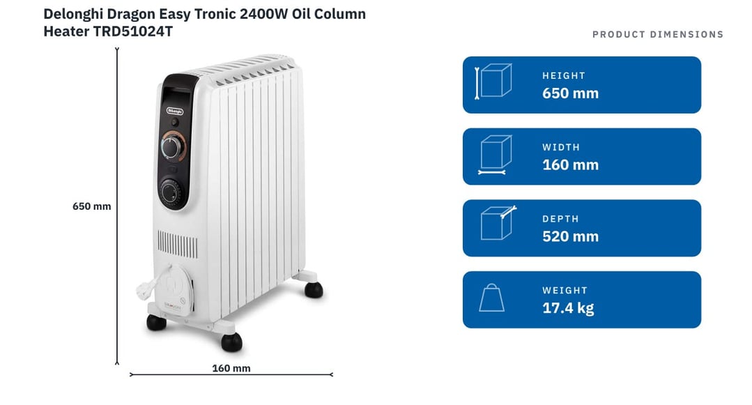Delonghi Dragon Easy Tronic 2400W Oil Column Heater TRD51024T — product dimensions